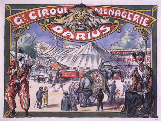 Poster advertising the 'Grand Cirque Menagerie Darius', 1924 (w/c on paper) à Ecole Française, (20ème siècle)
