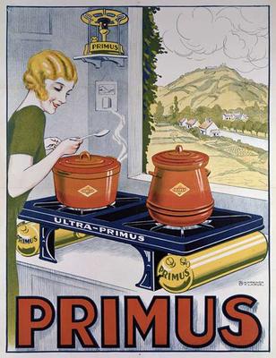 Poster advertising the Primus hob, printed by Dampenon & Elarue (colour litho) à Ecole Française, (20ème siècle)