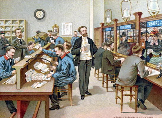 Sorting the Post in a Parisian Post Office, illustration from a Post Office calendar, 1904 (colour l à Ecole Française, (20ème siècle)