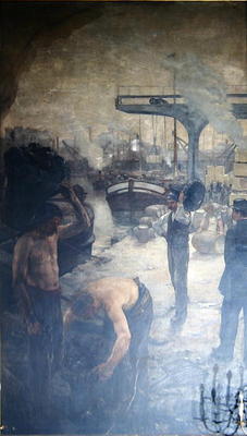 Workers unloading coal from a barge, early twentieth century (oil on canvas) à Ecole Française, (20ème siècle)