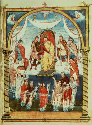 ds Lat 1 fol.423r King Charles II (823-877) Receiving a Bible from Count Vivian and the Monks of Sai à Ecole Française, (9ème siècle)