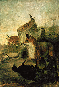 Peinture murale dans la maison jaune dans le parc Forstenrieder près de Munich : Renards avec la ruc à Friedrich Anton Wyttenbach