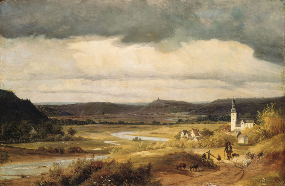 Deutsche Landschaft (Das Lennetal bei Hohensyburg mit der Kirche von Elsey) à Friedrich Heunert