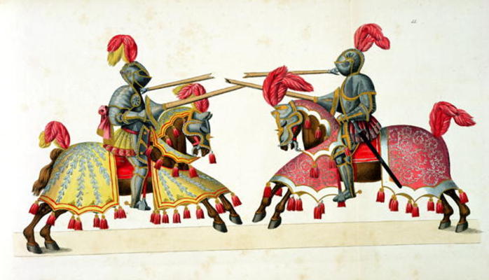 Two knights at a tournament, plate from 'A History of the Development and Customs of Chivalry', by D à Friedrich Martin von Reibisch