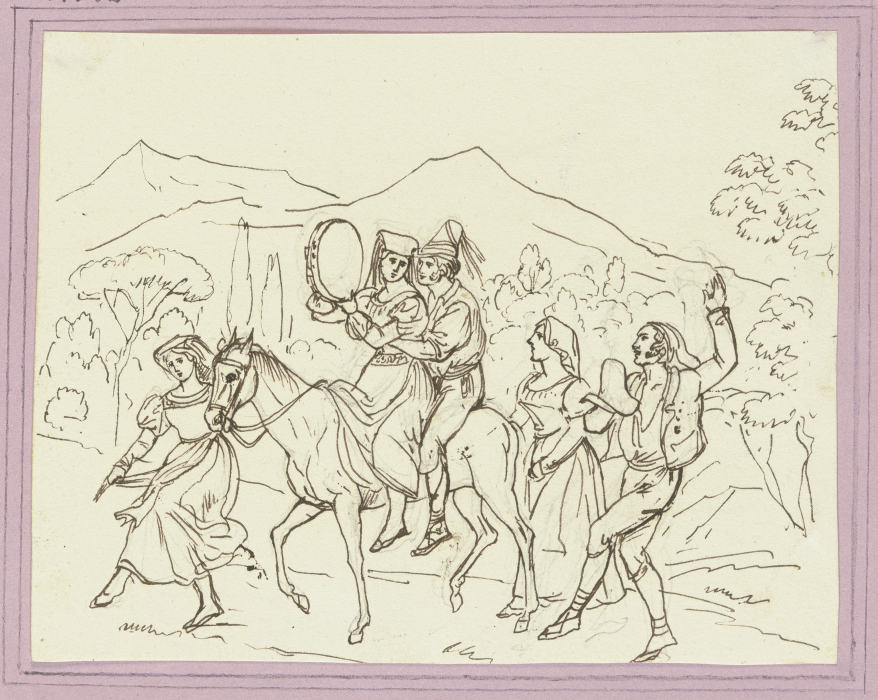 Eselsritt (Brautpaar auf einem Esel und drei weitere Figuren) à Friedrich Moosbrugger