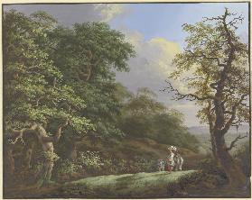 Eichenwald, im Vordergrund eine Frau mit einem Korb auf dem Kopf, begleitet von einem Mann und einem