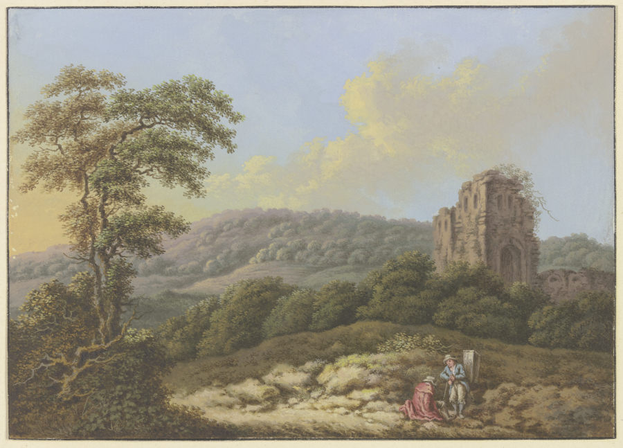 Landschaft mit einer Ruine, links ein hoher Baum, im Vordergrund zwei Wanderer à Friedrich Rauscher