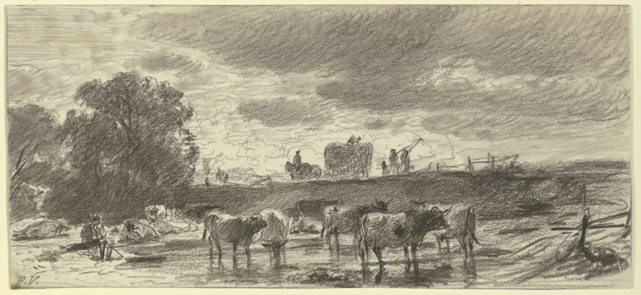 Landschaft in Gewitterstimmung mit einer Viehherde im Vordergrund und einem Erntewagen am Horizont à Friedrich Voltz