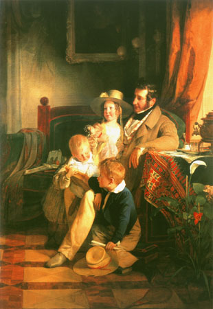 Rudolf von Arthaber avec ses enfants Rudolf, Emilie et Gustav, le portrait de la mère morte à Friedrich von Amerling