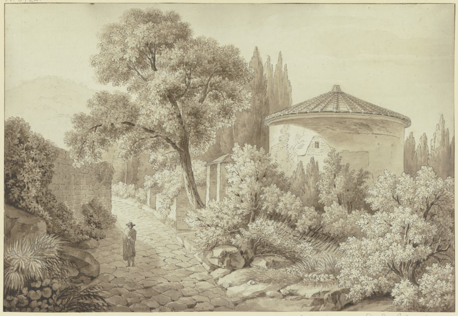 Antiker Tempel an der Via Appia bei Ariccia, rechts neben einer gepflasterten Straße steht ein Rundt à Friedrich Wilhelm Gmelin