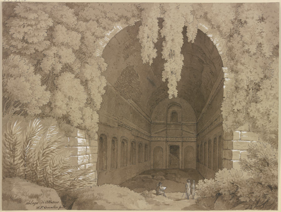Blick in eine antike, tonnengewölbte Grotte, im Vordergrund vor der von Gebüsch umrahmten Öffnung si à Friedrich Wilhelm Gmelin
