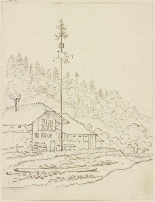 Bauernhäuser am Waldrand, davor ein Maibaum à Friedrich Wilhelm Hirt