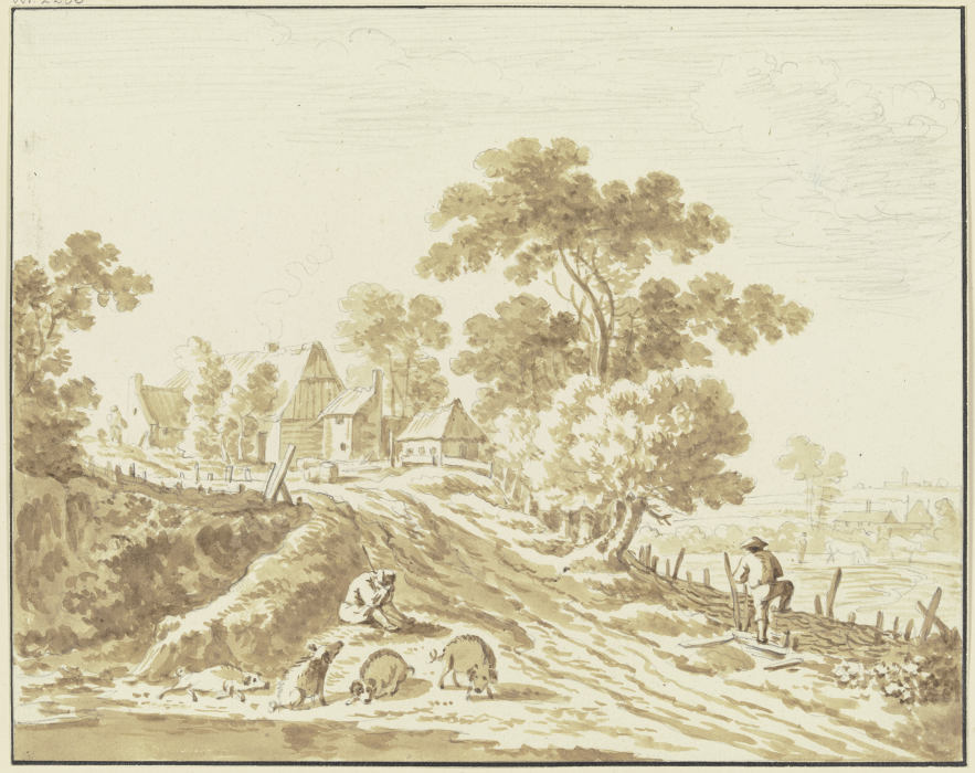 Bauernhof, im Vordergrund ein Hirte mit Schweinen à Friedrich Wilhelm Hirt