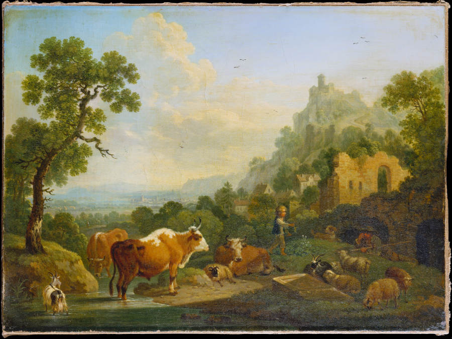 Landscape with Farm Animals at a Brook à Friedrich Wilhelm Hirt
