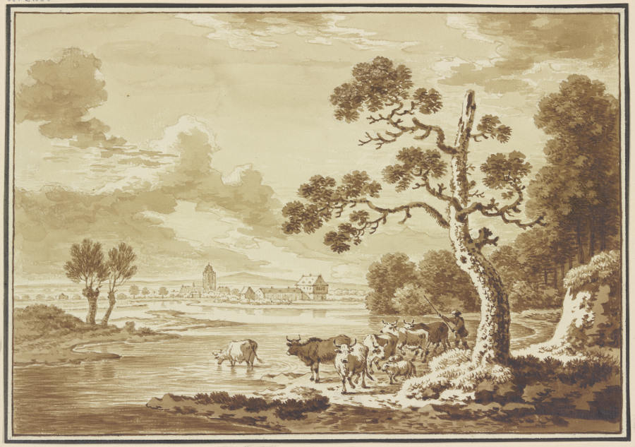 Cattle at the riverfront à Friedrich Wilhelm Hirt