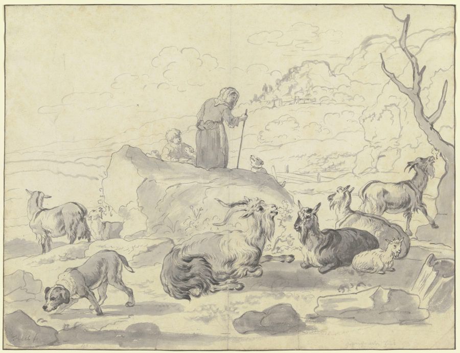 Ziegenherde mit einem Hund, hinter einem Felsblock eine alte Hirtin mit einem Kind à Friedrich Wilhelm Hirt