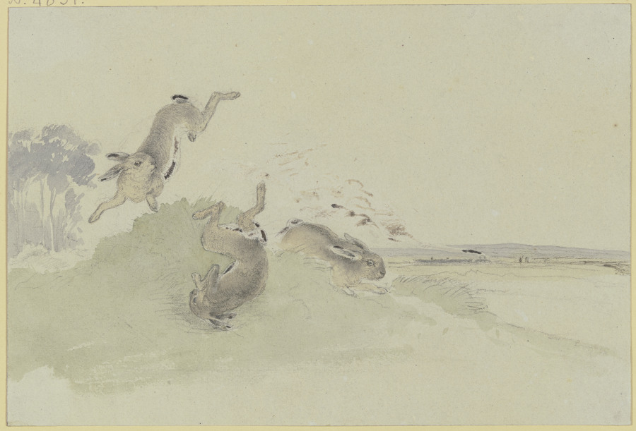 Drei Hasen erschrecken vor der Eisenbahn à Friedrich Wilhelm Keyl