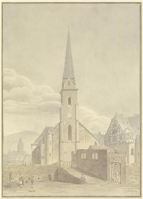 Ansicht einer Kirche mit spitzem Turm