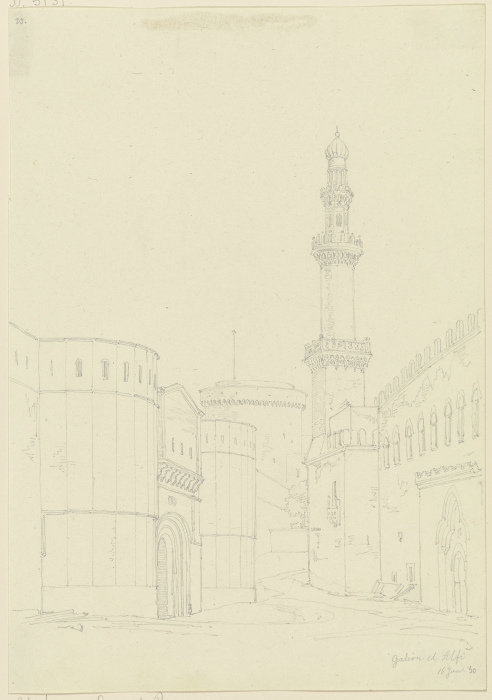 Gebäudeensemble mit Minarett in Galeon el Alfi à Friedrich Maximilian Hessemer