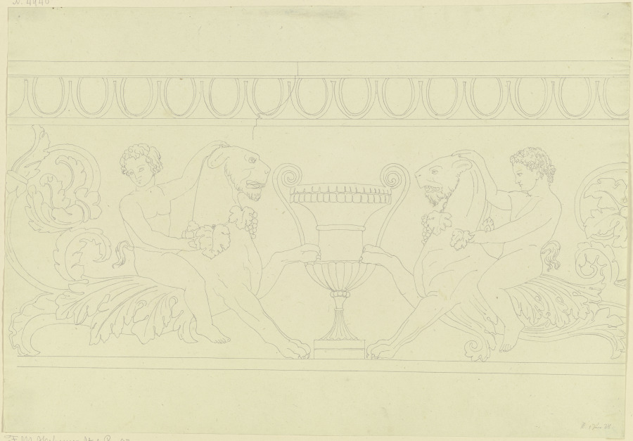 Zwei auf mit Weinlaub geschmückten Löwen reitende Satyrn, eine Vase flankierend à Friedrich Maximilian Hessemer