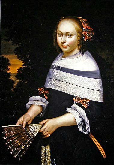 A portrait of a young girl holding a fan, a landscape beyond, c.1650 à École frisonne