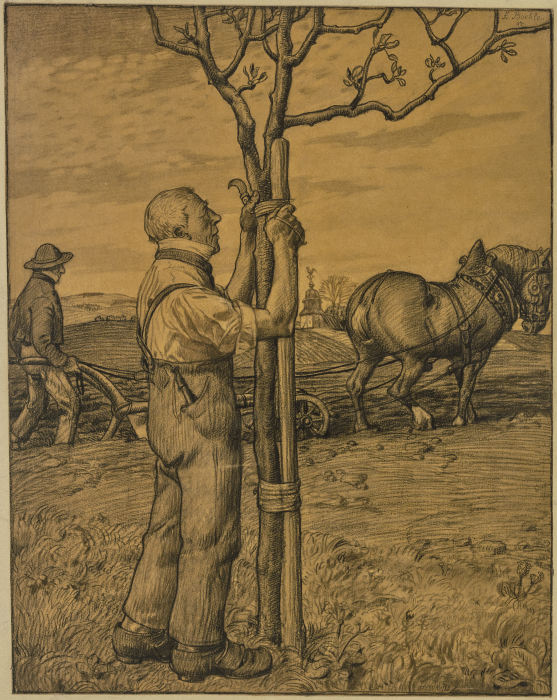 Gärtner, einen Baum anbindend à Fritz Boehle