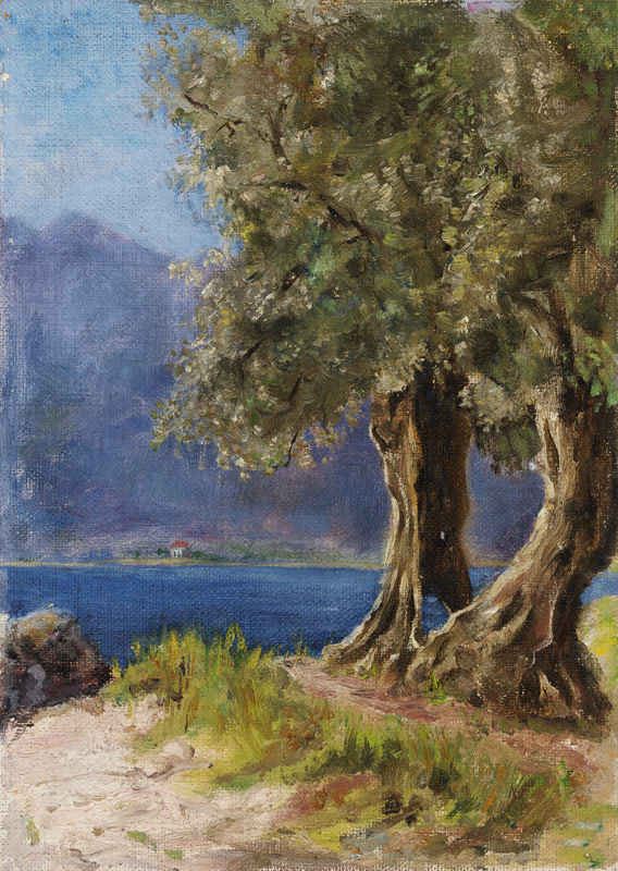 Olivenbaumgruppe an einem italienischen See à Fritz Hauck