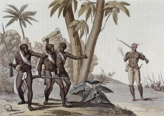 Freed slaves hunting down escaped slaves in Surinam, Guiana, illustration from 'Le Costume Ancien et à G. Bramati