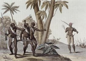 Freed slaves hunting down escaped slaves in Surinam, Guiana, illustration from 'Le Costume Ancien et
