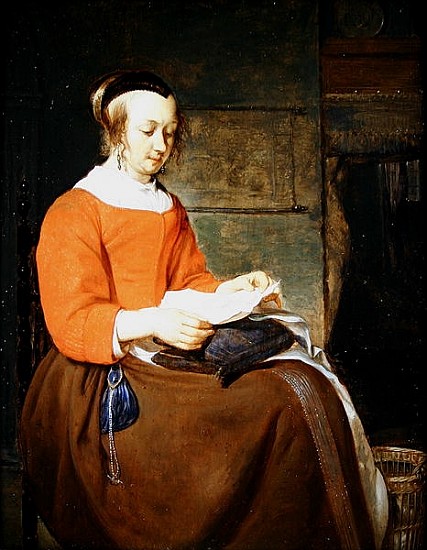 A young woman seated in an interior, reading a letter à Gabriel Metsu