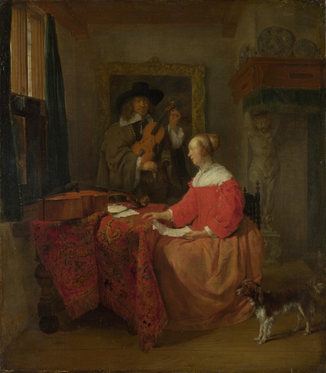 A Woman seated at a Table and a Man tuning a Violin à Gabriel Metsu