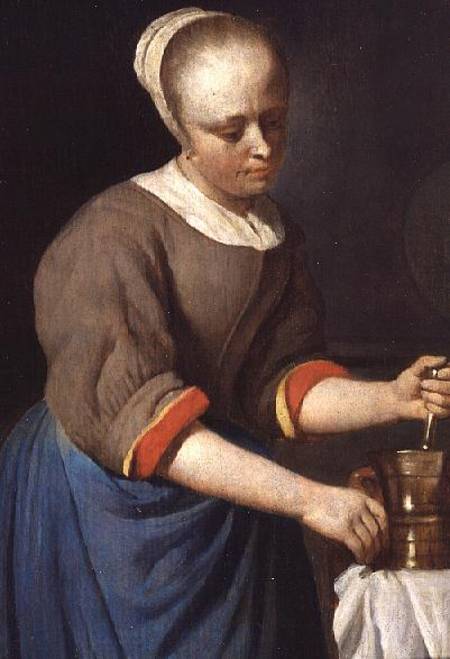Young girl with a pestle and mortar à Gabriel Metsu