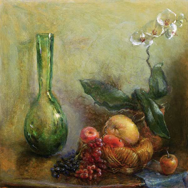 Orchid with Basket of Fruit and Green Vase (oil on canvas)  à Gail  Schulman