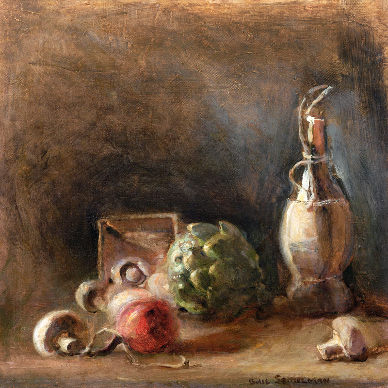 Wine Jug with Artichoke and Mushrooms (oil on canvas)  à Gail  Schulman