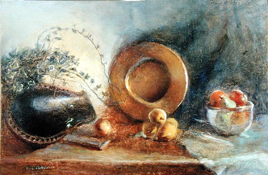 Brass Plate with Fruit and Black Wooden Bowl (oil on canvas)  à Gail  Schulman