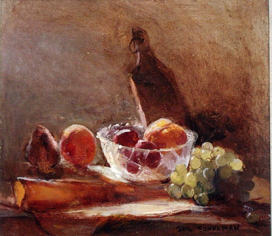 Glass Bowl with Fruit and a Cheese Board (oil on canvas)  à Gail  Schulman