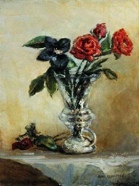 Two Roses in a Glass Vase with Opening Tulip (oil on canvas) 