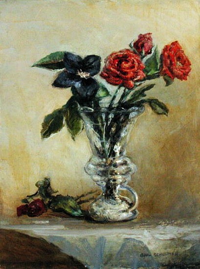 Two Roses in a Glass Vase with Opening Tulip (oil on canvas)  à Gail  Schulman