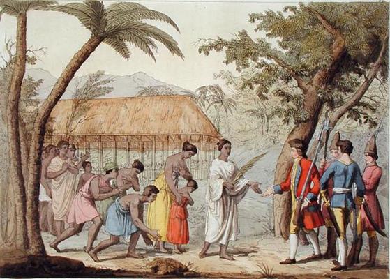 Captain Samuel Wallis (1728-1830) being received by Queen Oberea on the Island of Tahiti (colour lit à Gallo Gallina
