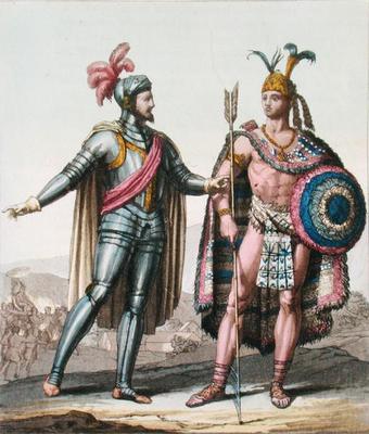 The Encounter between Hernan Cortes (1485-1547) and Montezuma II (1466-1520) from 'Le Costume Ancien à Gallo Gallina