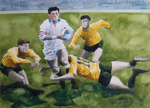 Rugby Match: England v Australia in the World Cup Final, 1991, Will Carling being tackled (w/c)  à Gareth Lloyd  Ball