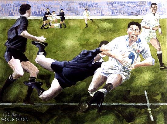 Rugby Match: England v New Zealand in the World Cup, 1991, Rory Underwood being tackled (w/c)  à Gareth Lloyd  Ball