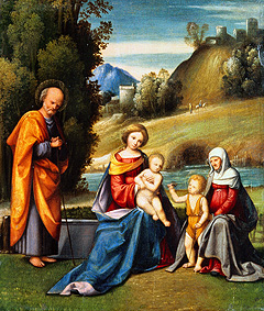 Sainte famille avec Elisabeth et l'enfant Jean à une rive de fleuve à Garofalo
