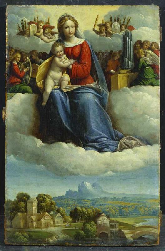 Madonna mit Kind umgeben von musizierenden Engeln über einer Waldlandschaft. à Garofalo