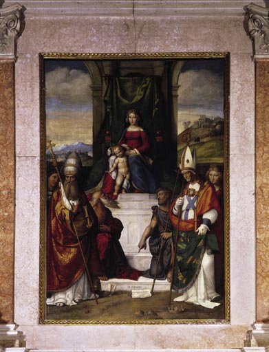 Thronende Maria mit Kind, dem Heiligen Silvester und fuenf weiteren Heiligen à Garofalo