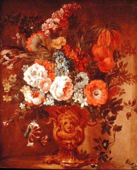 Roses, Poppies, Honeysuckle, Stock and Other Flowers in a Sculpted Vase à Gaspar Peeter le Jeune Verbruggen