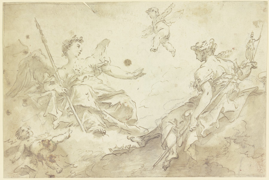 Zwei allegorische Frauenfiguren mit Putten auf Wolken (Virtù und Nobilità) à Gaspare Diziani