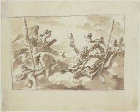 Zwei allegorische Frauenfiguren mit Putten auf Wolken (Virtù und Nobilità)