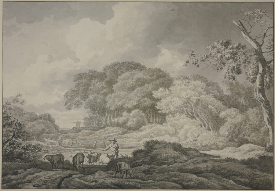 Baumpartie, vorne eine Schafherde, hinten an einem Zaun ein Wagen mit zwei Pferden à Geerlig Grijpmoed