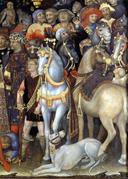 The Adoration of the Magi, detail of riders, horses and dog à Gentile da Fabriano